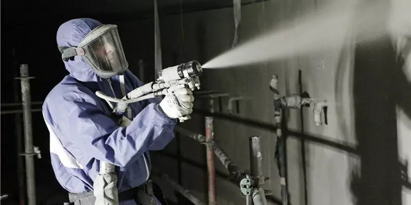 Applicator spraying polyurea lining on a containment wall