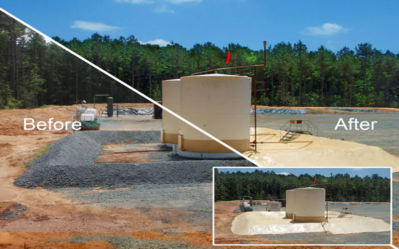 Before and after: earthen containment pad sprayed with polyurea